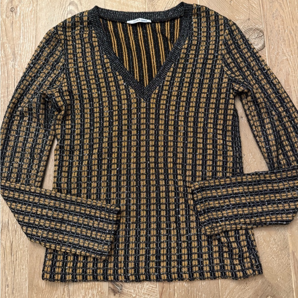 Zara Women's Size S Pullover V-neck Glitter Long Sleeve V-Neck Yellow/Black